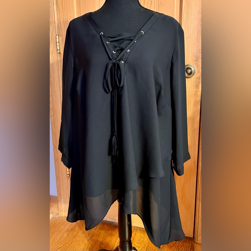 Roz & Ali Black Chiffon Lace Up Handkerchief Hem Blouse 1X NWT Goth Emo Flowing